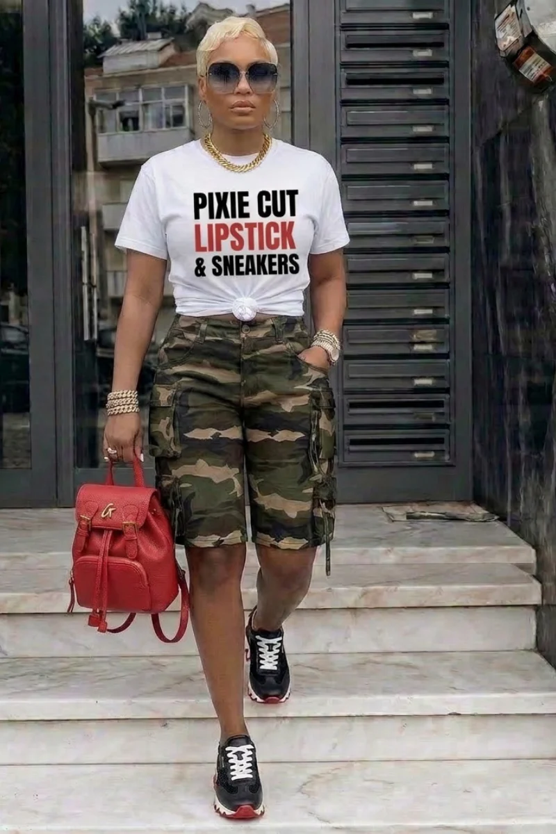 Pixie Cut, Lipsitck, & Sneakers T-shirt- (White)