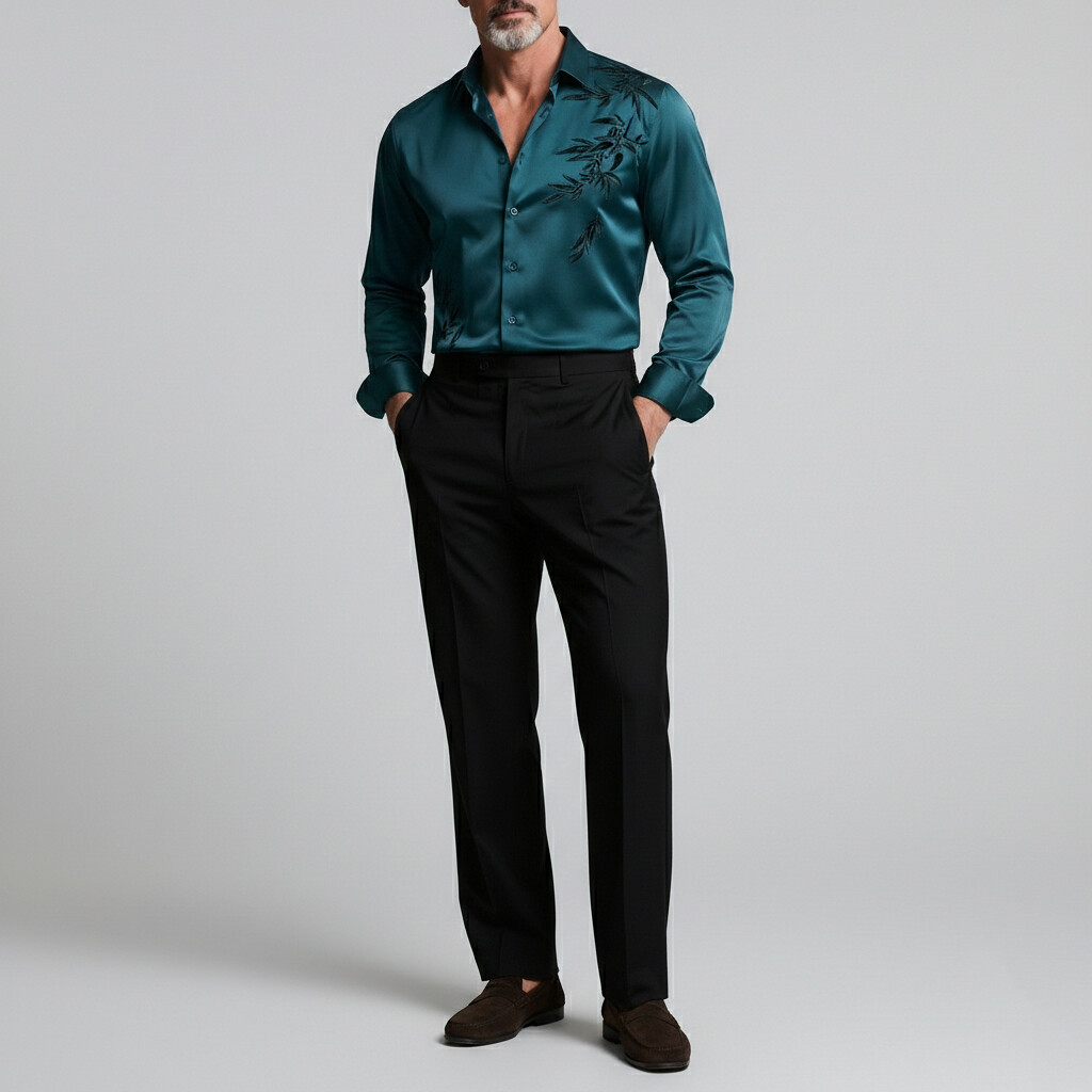 Men's Luxury Bamboo Leaf Single Breasted  Long Sleeve Shirt