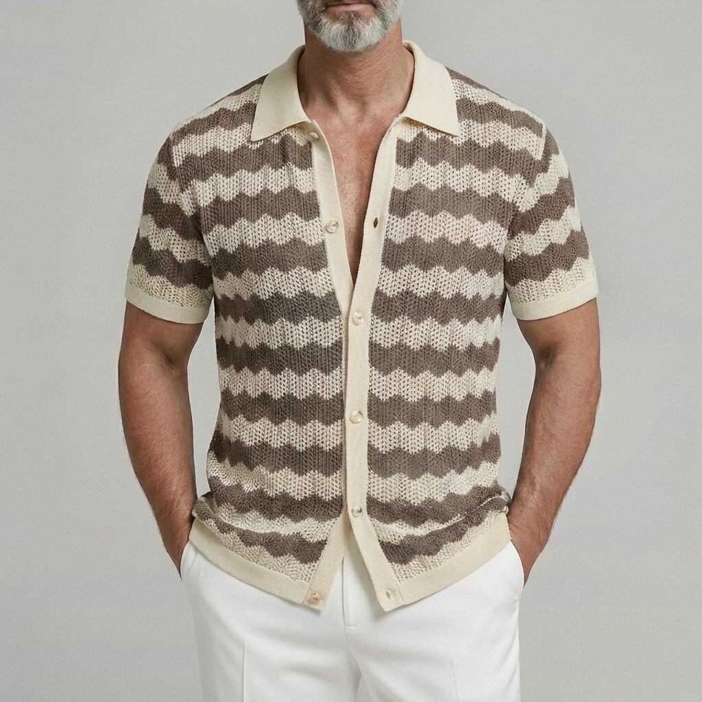Men's Casual Wave Pattern Single Breasted Short Sleeve Crochet Knit Shirts