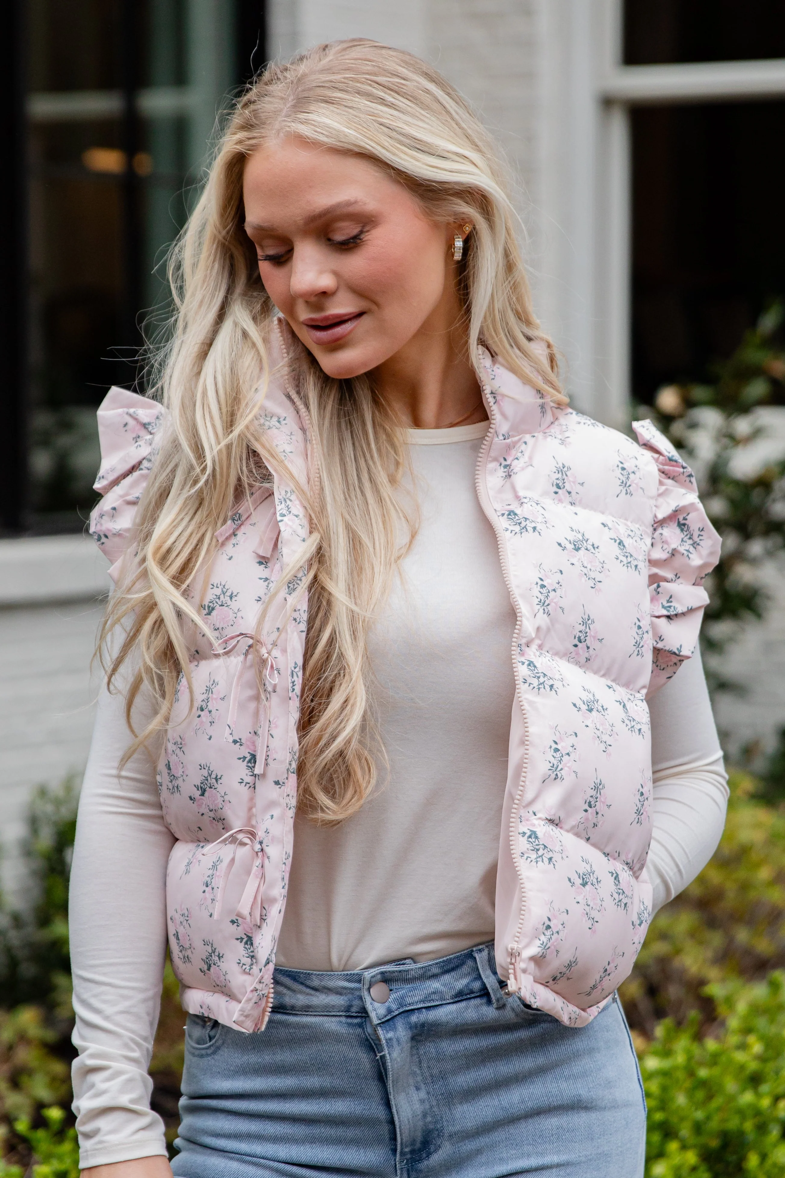 Blush Floral Ruffle Puffer Vest