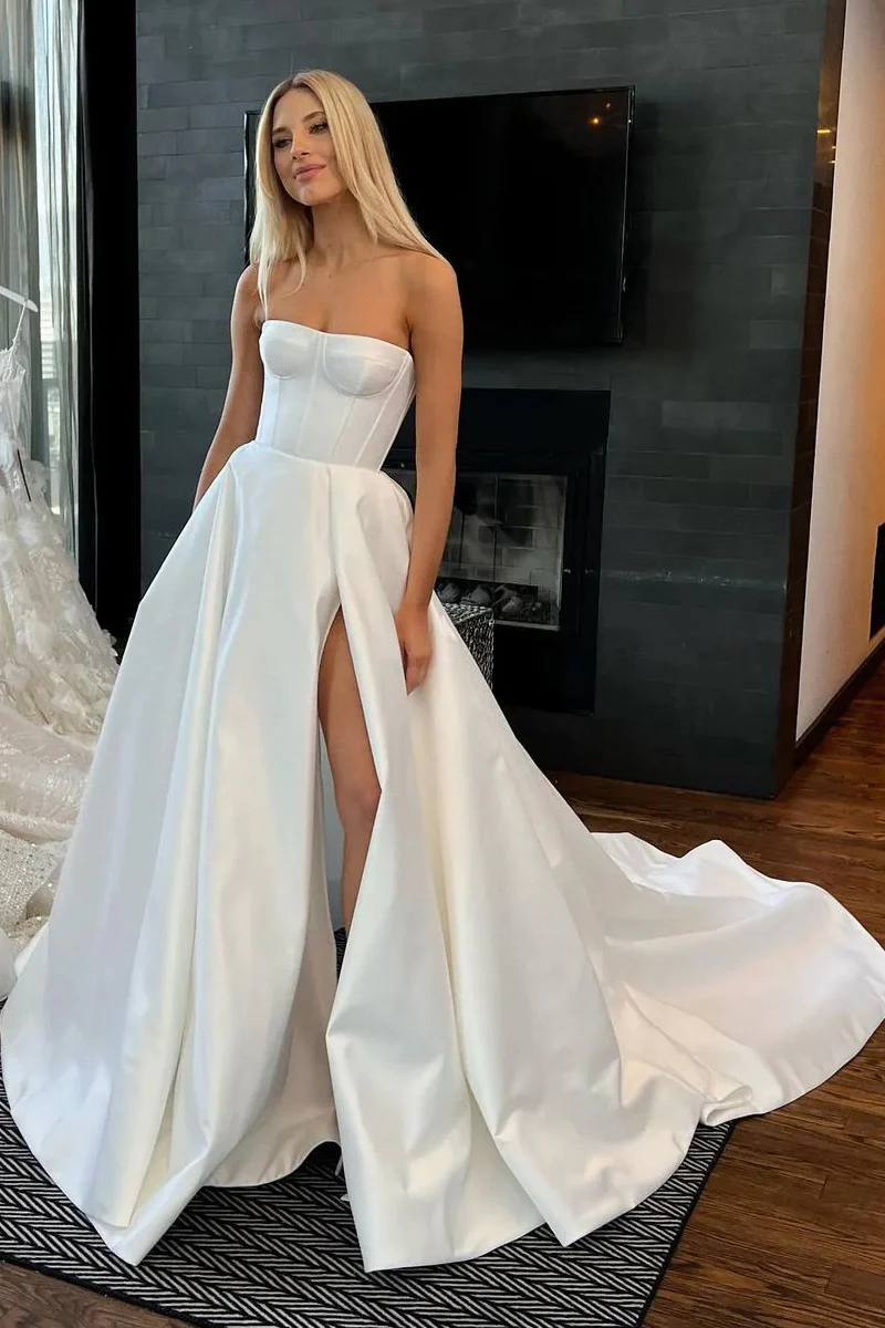 Ball Gown Strapless Satin Wedding Dress with Slit