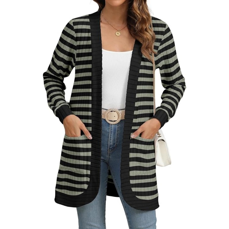 Women Striped Ribbed Knit Cardigan Open Front Long Sleeve Mid‑Length Casual Sweater Cardigan with Side Pockets