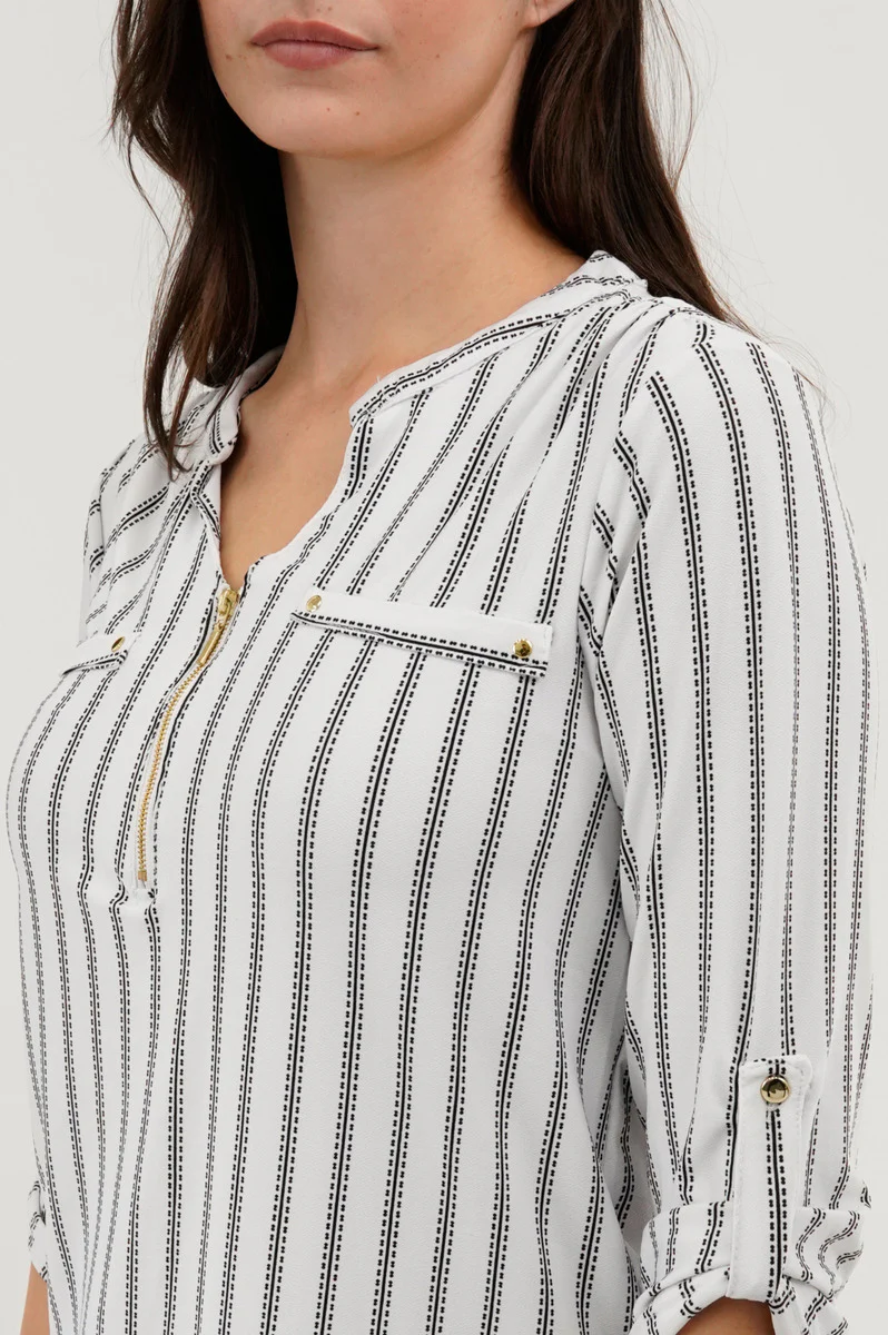 Patterned 1/4 Zip Blouse - White