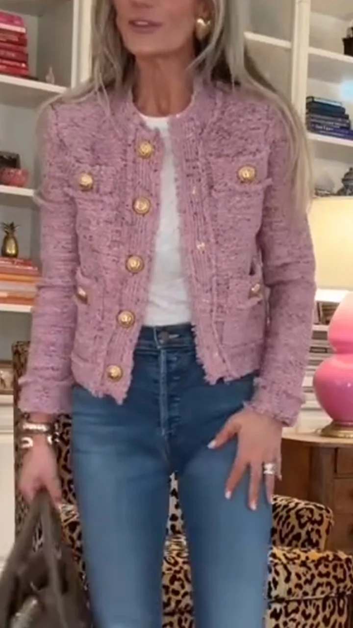 Women Round Neck Buckle Splicing Small Fragrant Style Jacket
