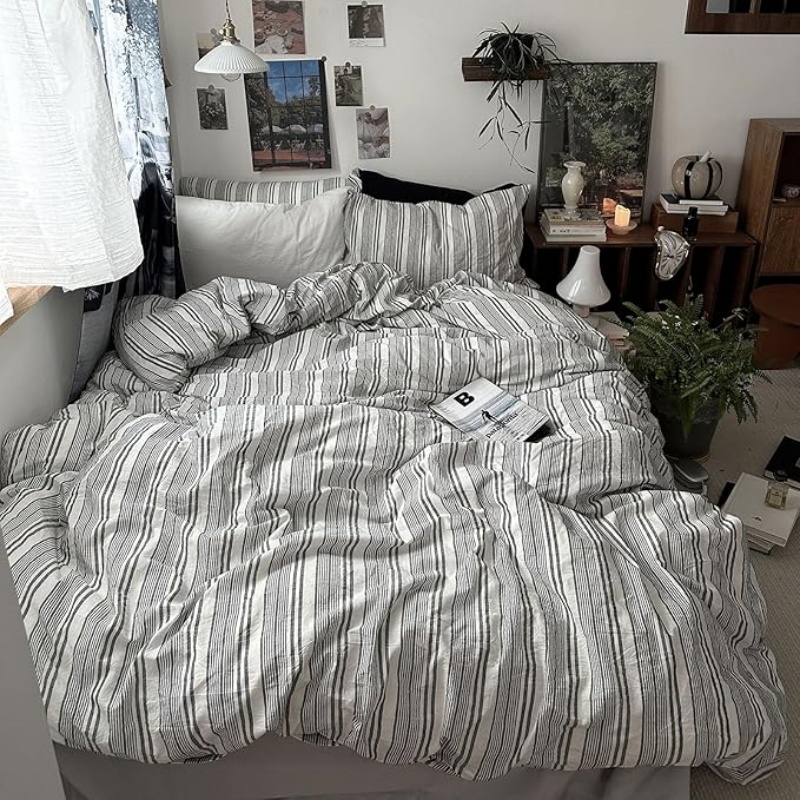 Vintage Gray & White Striped Duvet Cover Set