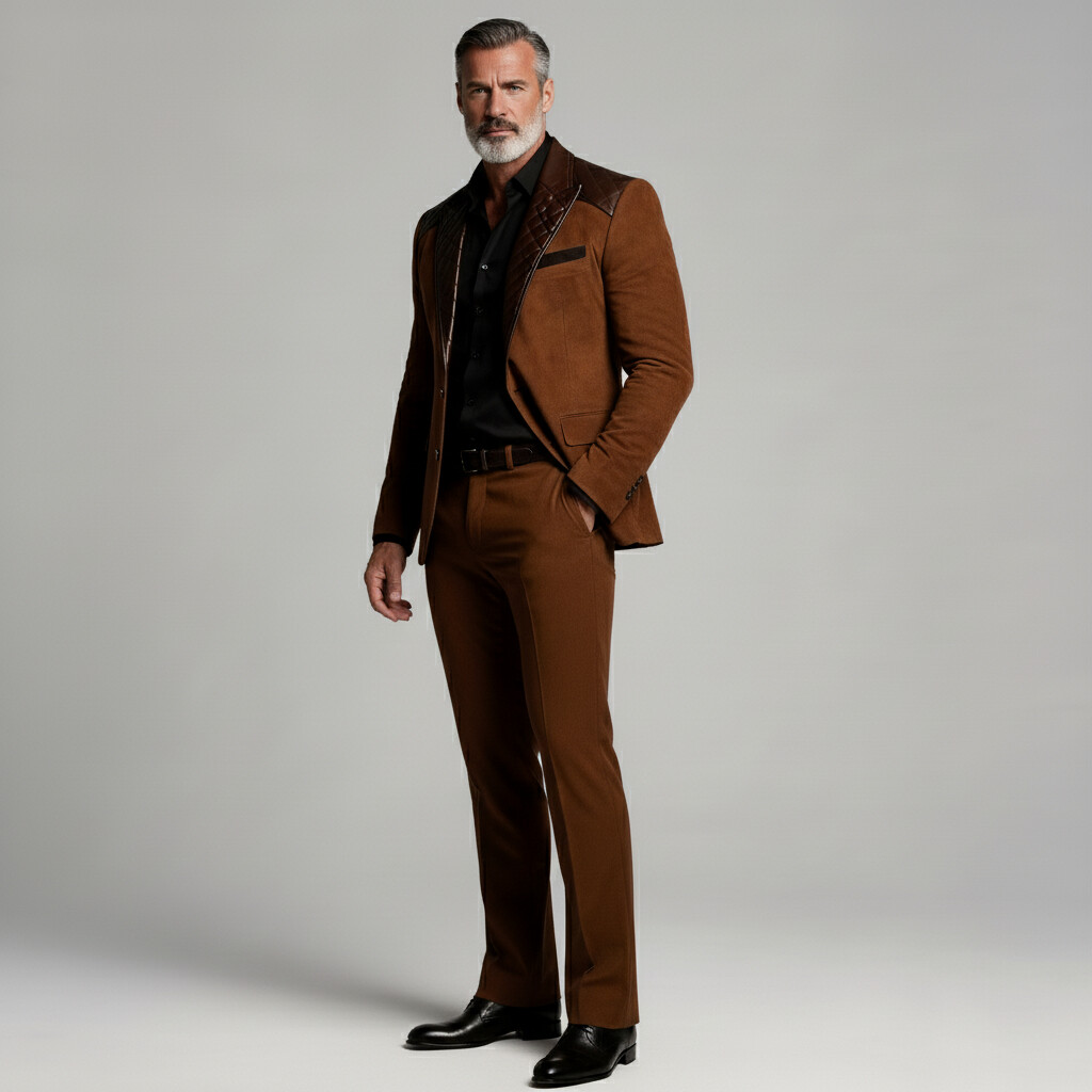 Men's Brown Quilted PU Leather Peak Lapel Long Sleeve Suede Blazer & Pocket Pants 2Pcs Set
