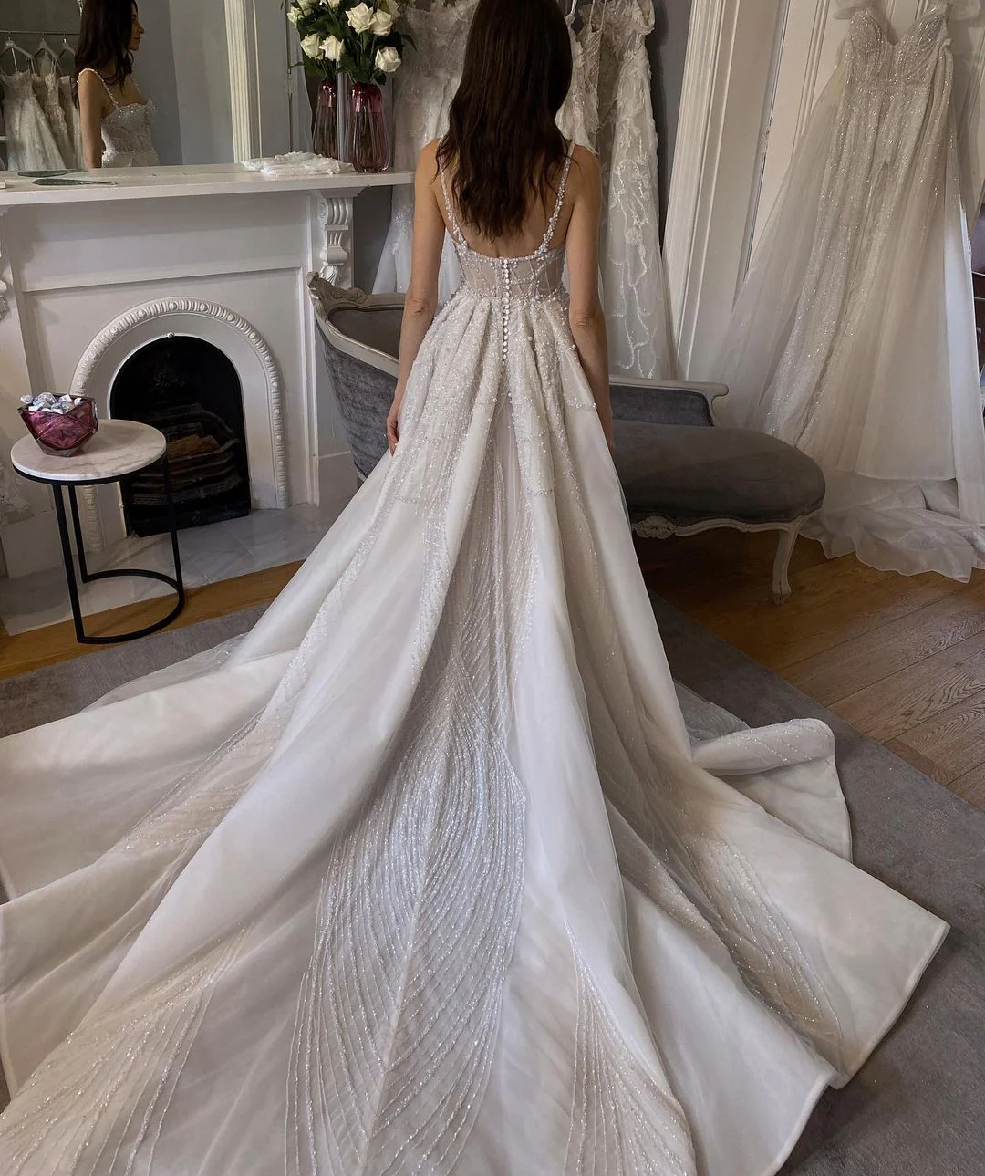 Ball Gown Sweetheart Tulle Organza Long Wedding Dress with Beading