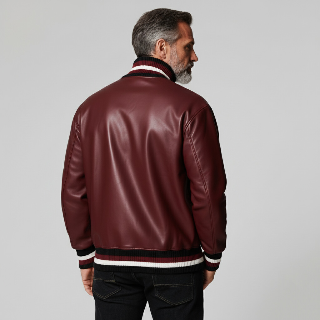 Men's Burgundy PU Leather Contrast Striped Knit Patchwork High Neck Long Sleeve Sweatshirt