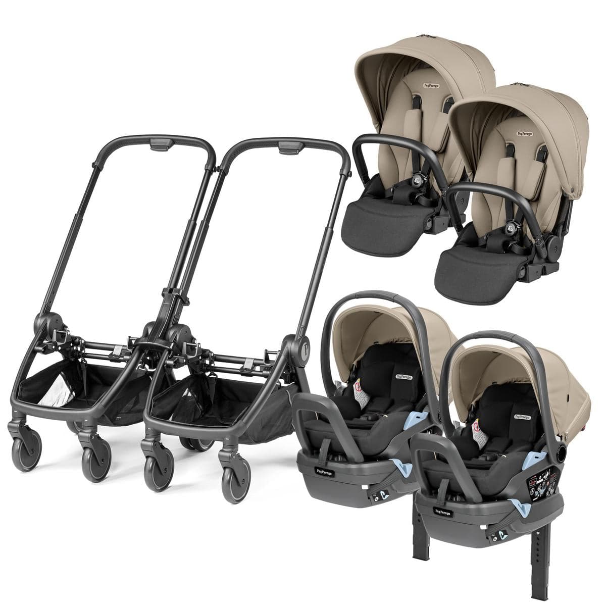 PEG City Loop Twin Stroller + Primo Viaggio Lounge Travel System Bundle - Black / Vanilla Blend / Vanilla Blend