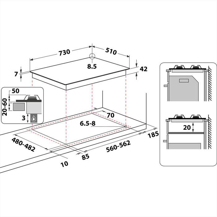 WHIRLPOOL - Piano cottura a gas IXELIUM GMR 7522/IXL 73cm-Acciaio inossidabile