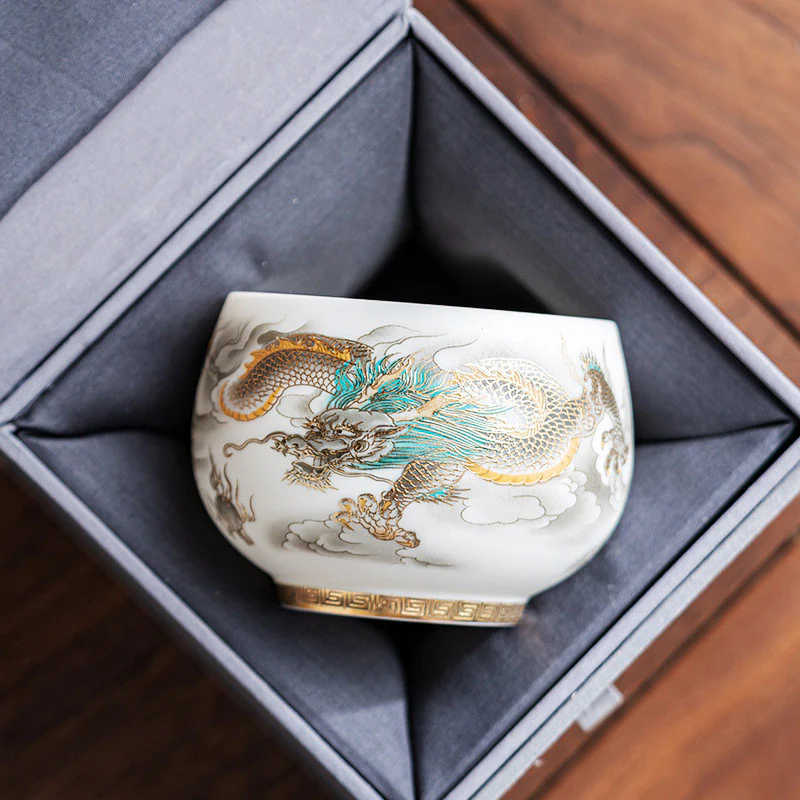 Dragon Phoenix Auspicious Clouds Ceramic Teacup Kung Fu Tea Cup With Gift Box