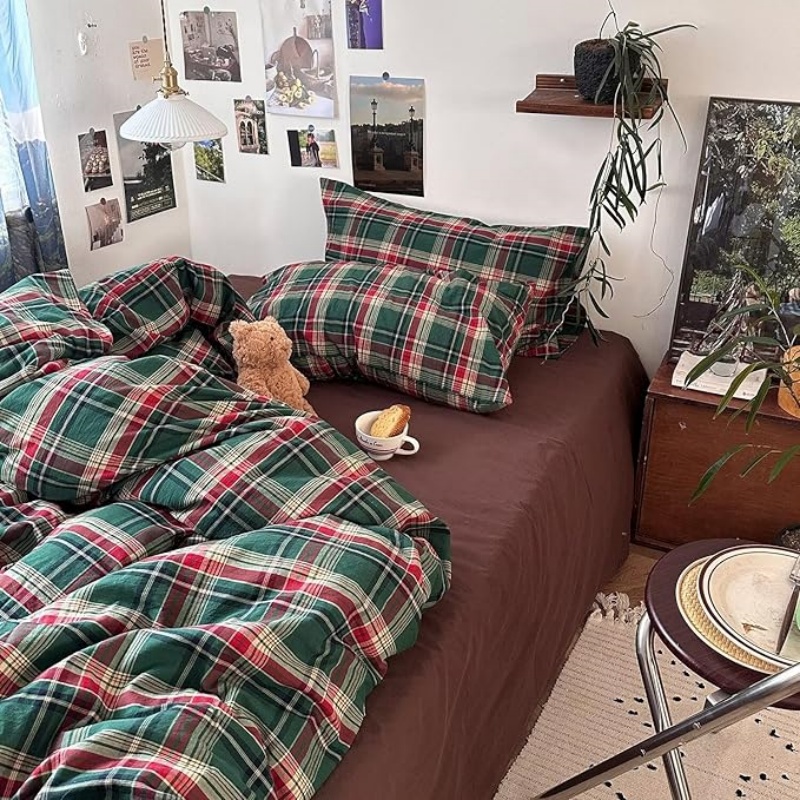 Vintage Green Buffalo Plaid Washed Cotton Duvet Cover Queen