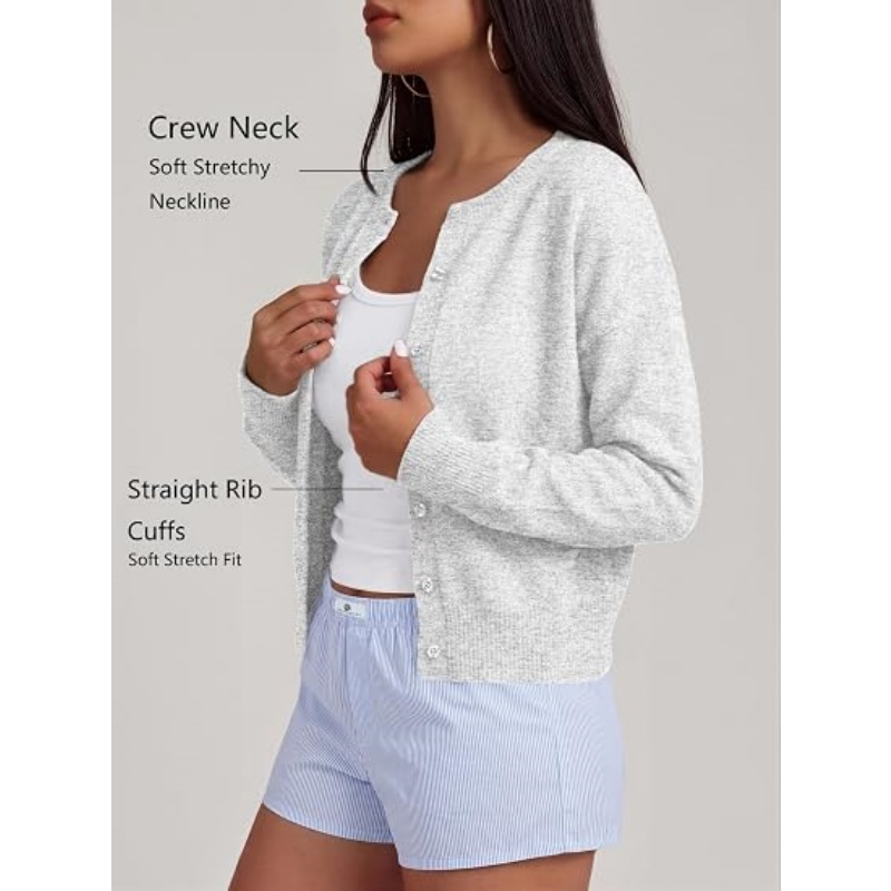 Women Cropped Knit Cardigan Long Sleeve Button Down Crew Neck Lightweight Fall Casual Knit Sweater Outerwear