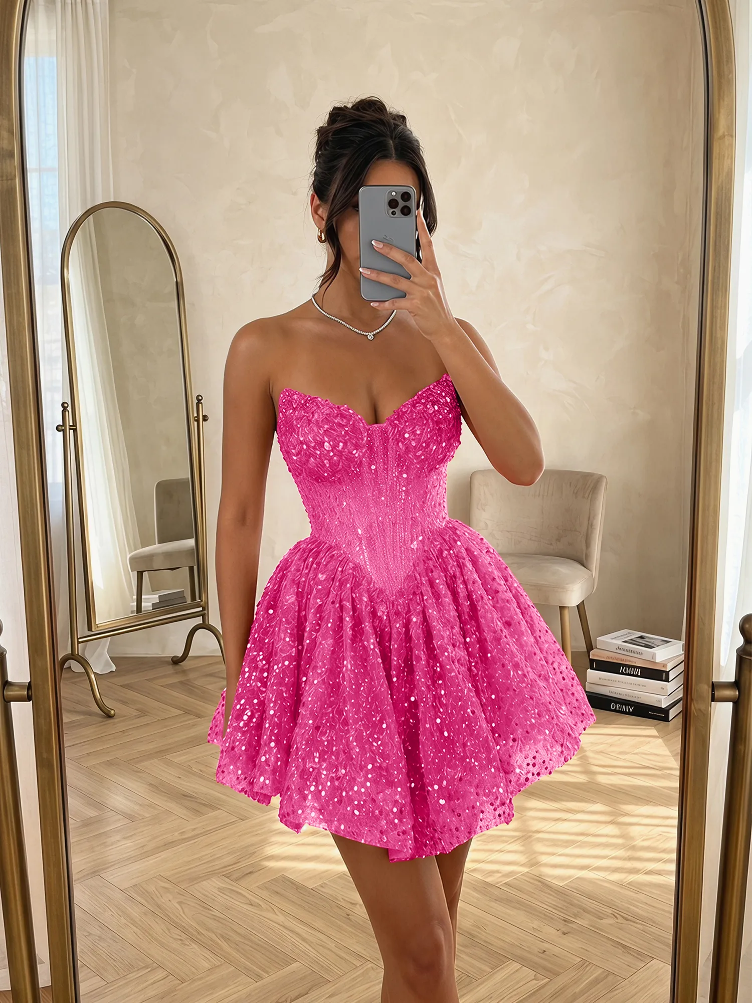 Sequin Strapless Sweetheart Mini Homecoming Dress with Ruffled Skirt