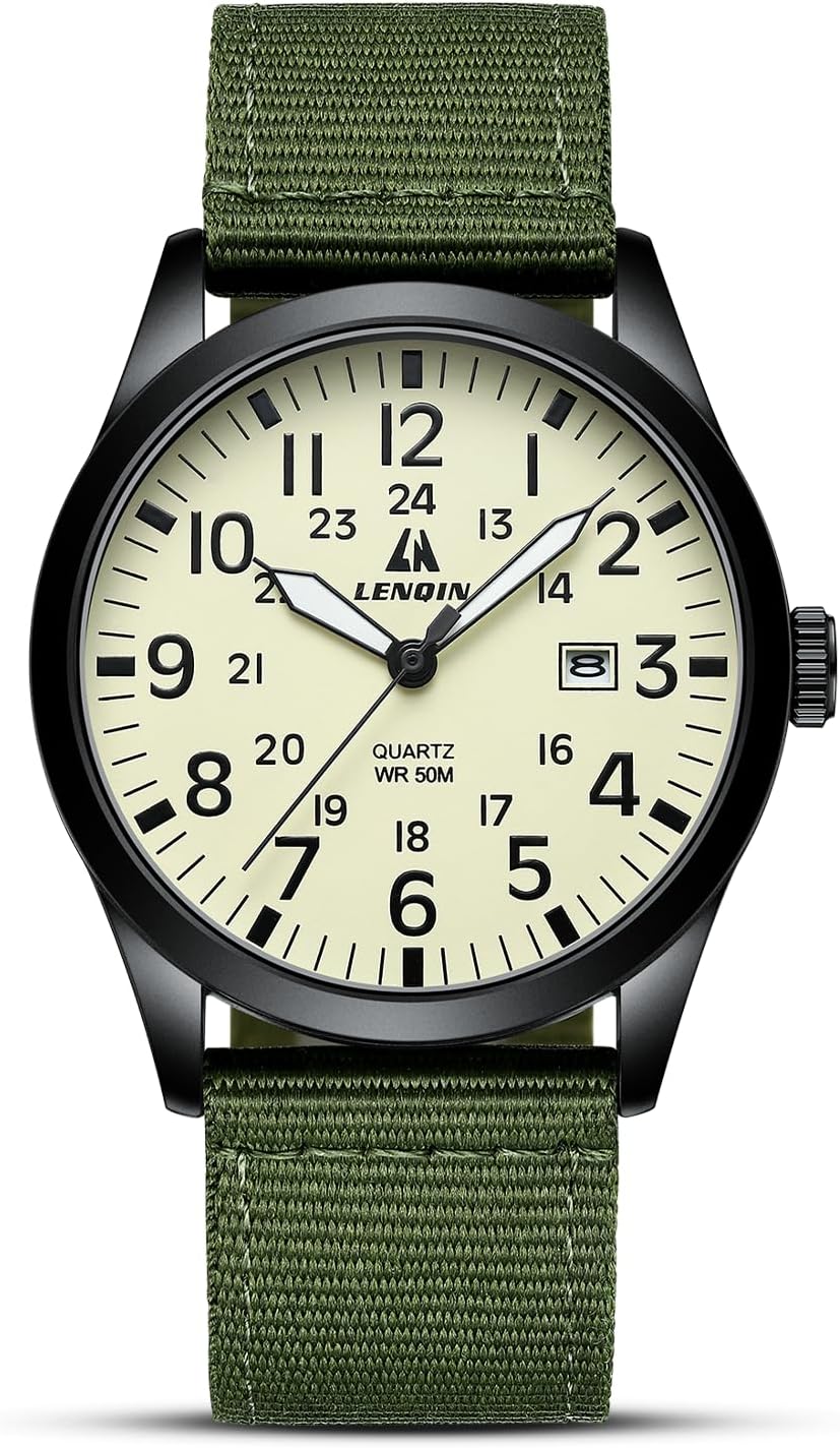 LN LENQIN Mens Watches Military Sport Analog Quartz Watch for Men | Nylon Strap Stylish Luminous Fashion 3ATM Waterproof Army Tactical Casual Wristwatch Unisex Watch for Men With Date