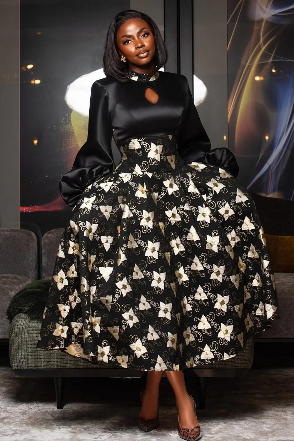 Satin Lantern Sleeve Cutout Floral Print A-Line Midi Dresses-Black [Pre Order]