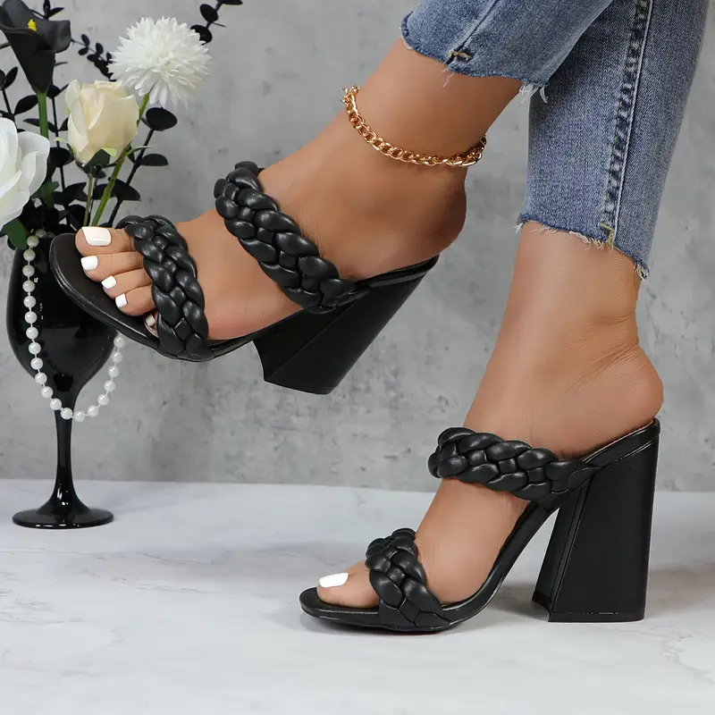 Braided Block Heel Mules – Slip-On Strappy Open-Toe Sandals with Backless Design