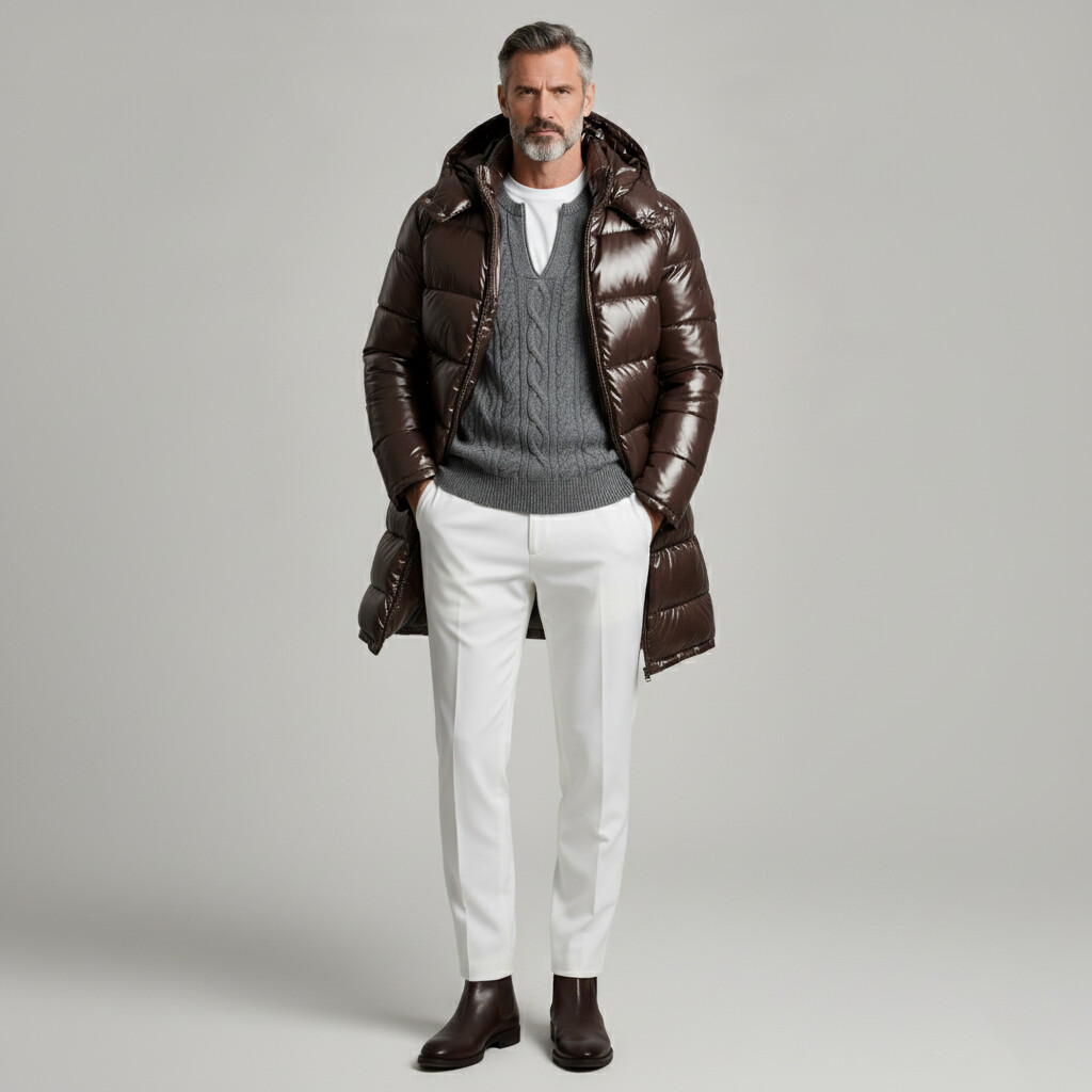 Men's Coffee Long Sleeve Zipper Hooded PU Patent Leather Quilted Puffer Coat