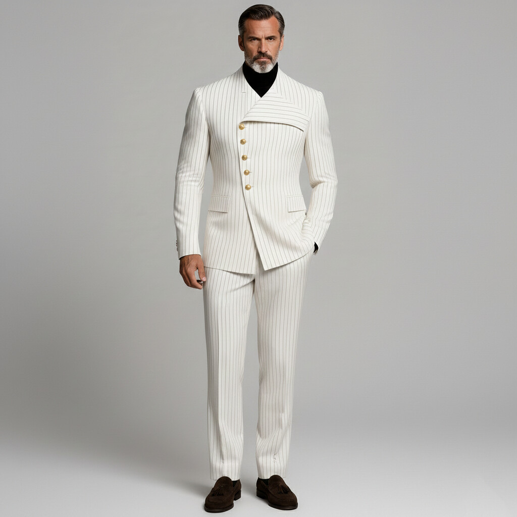 Men's Business Striped White Asymmetrical Collar Single Breasted Long Sleeve Blazers