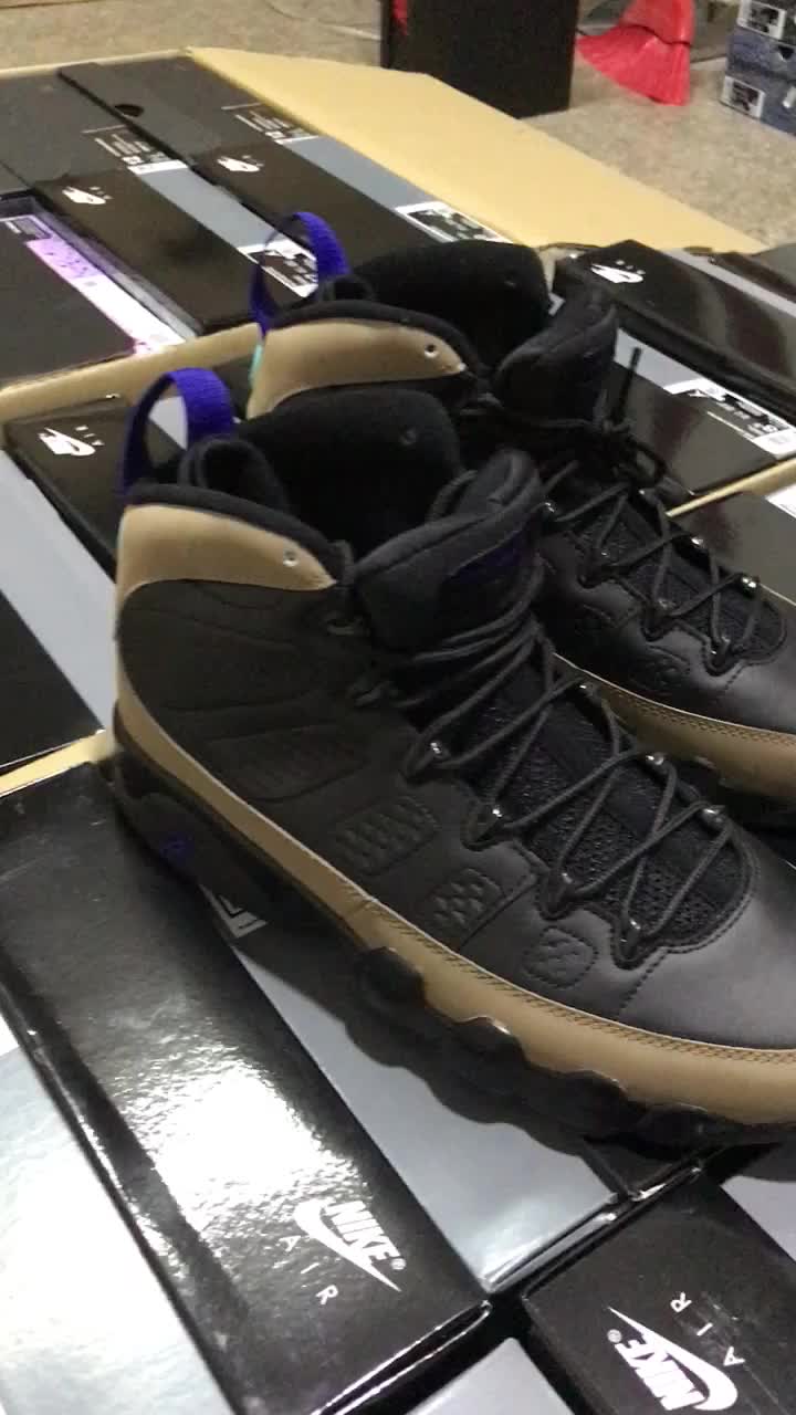Authentic Air Jordan 9 "Olive Concord" in black and brown. Style number: CT8019-034. Sizes: 40-47.5