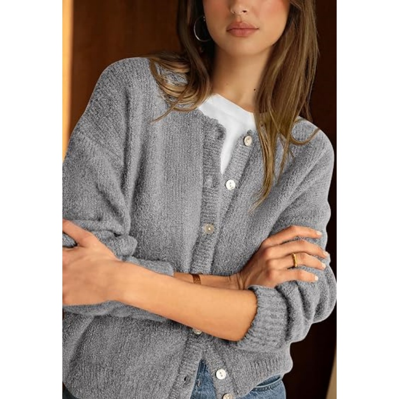 Women Fall Crewneck Button‑Down Knit Cardigan Long Sleeve Drop‑Shoulder Loose Cropped Textured Knit Outerwear