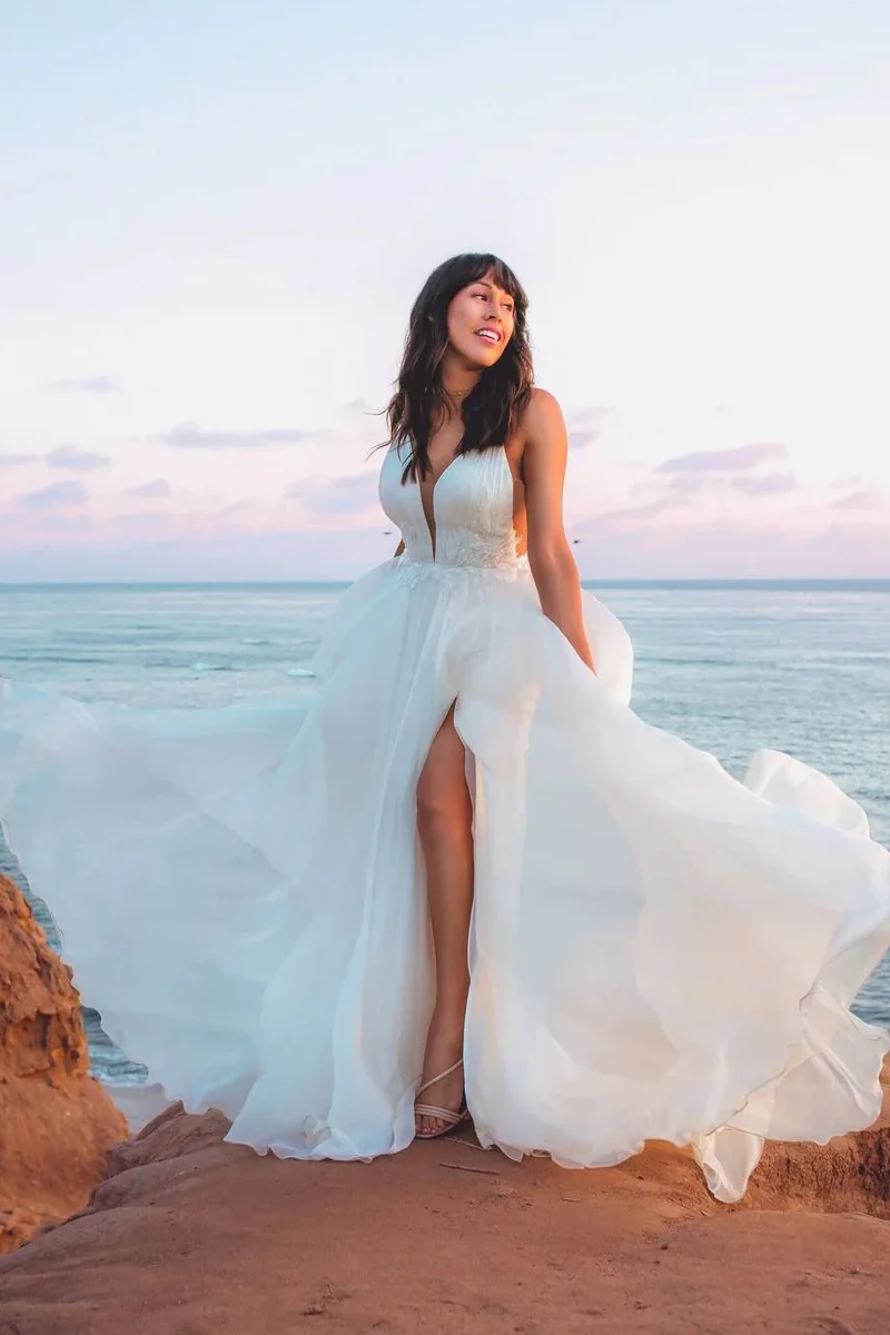 Bohemian A Line V Neck Tulle Wedding Dress with Appliques