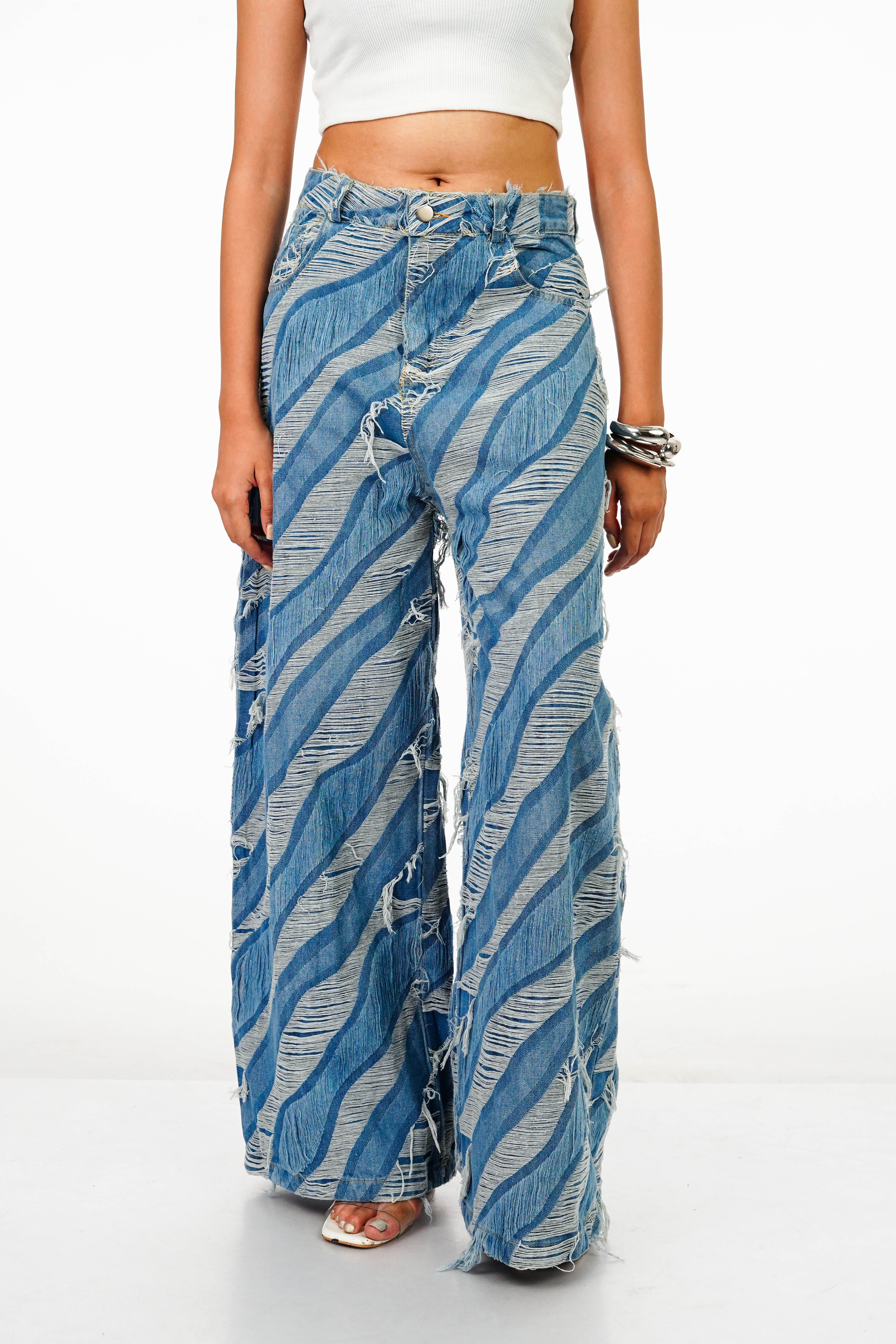 Wavy Distressed Wide Leg Denims