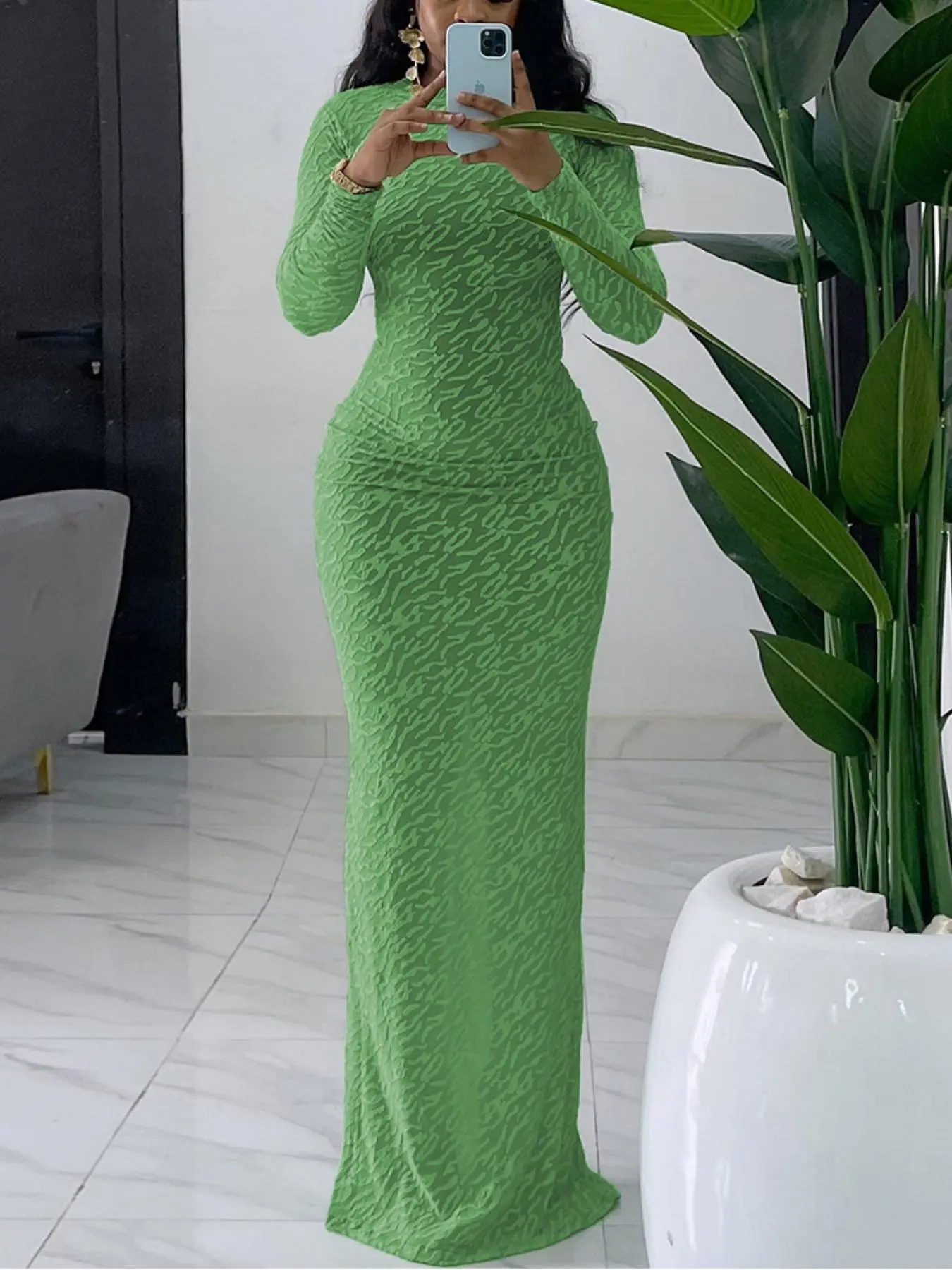 Women's Plain Solid Long Sleeve Bodycon Dress, Casual Fashion Mock Neck Maxi Dress for Daily Wear, Ladies Clothes for Spring