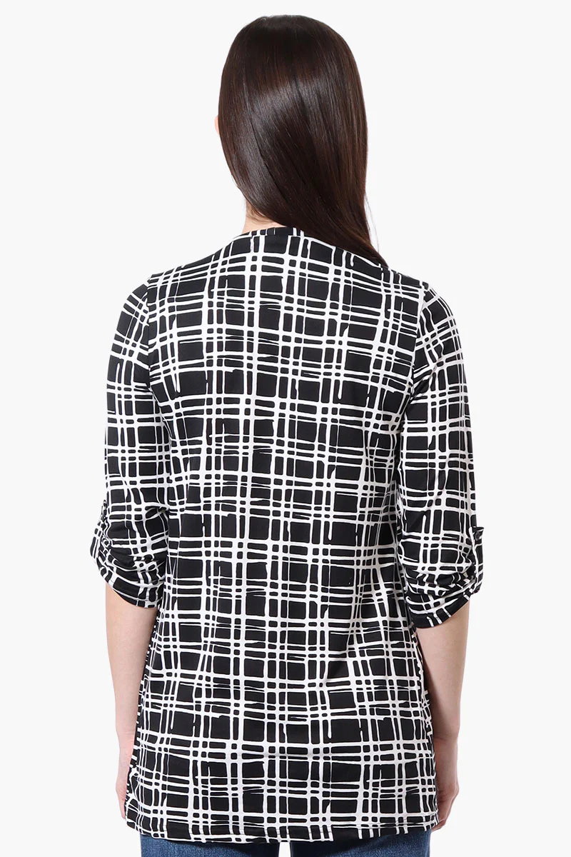 Patterned Roll Up Sleeve Wrap Cardigan - Black