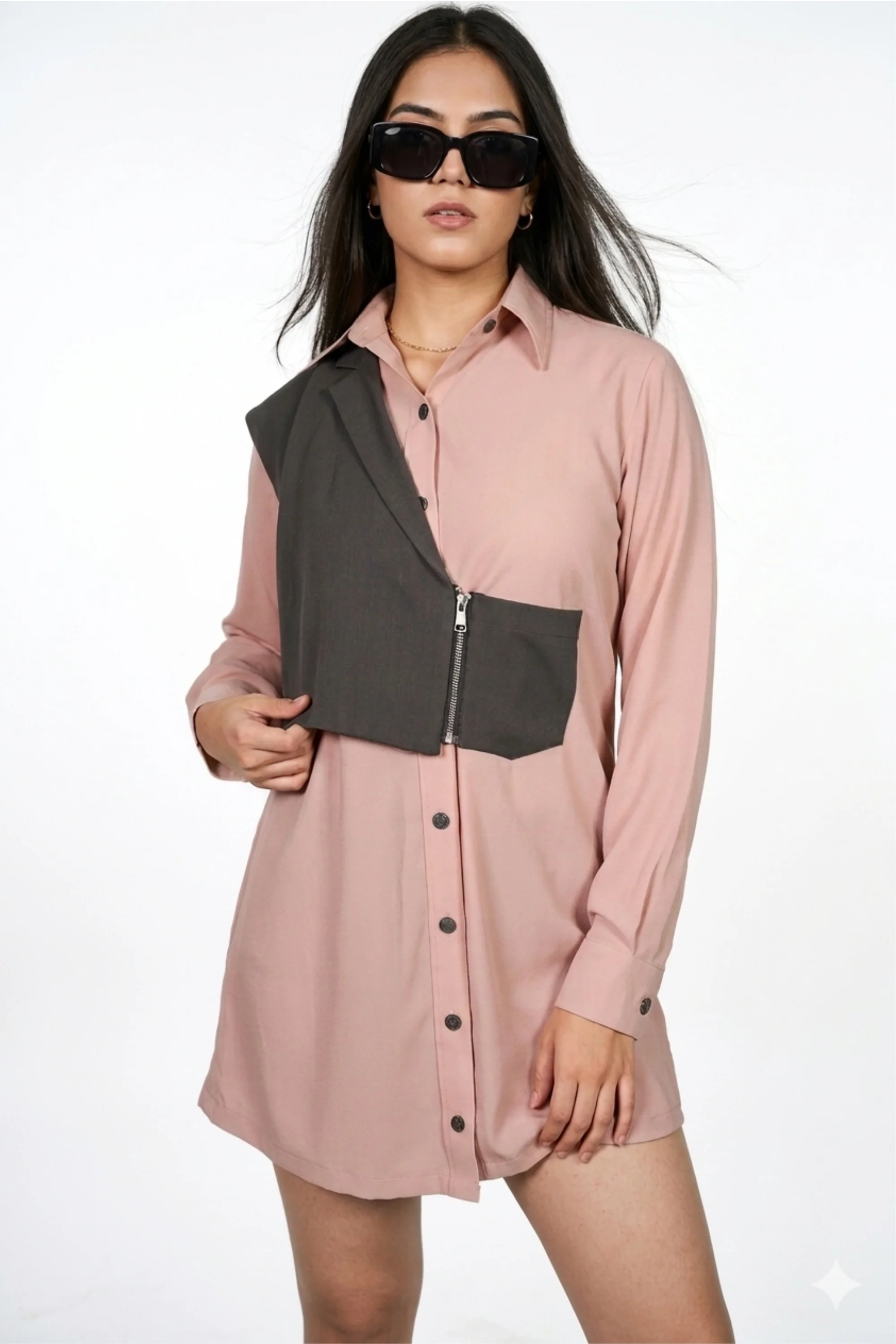 One Side Blazer Over Shirt Dress In Grey