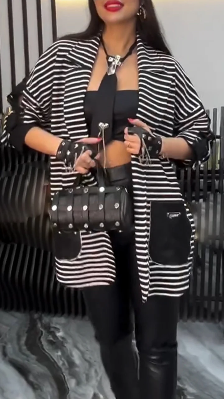 Women Collar Striped Casual Coat
