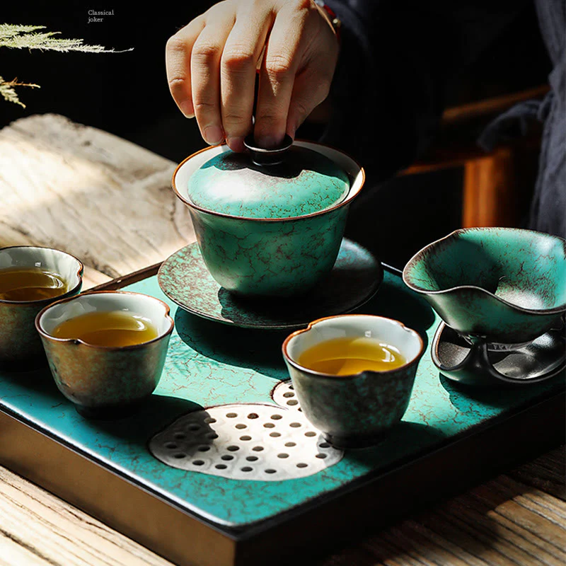Retro Green Glaze Ceramic Gaiwan Sancai Teacup Kung Fu Tea Cup And Saucer With Lid