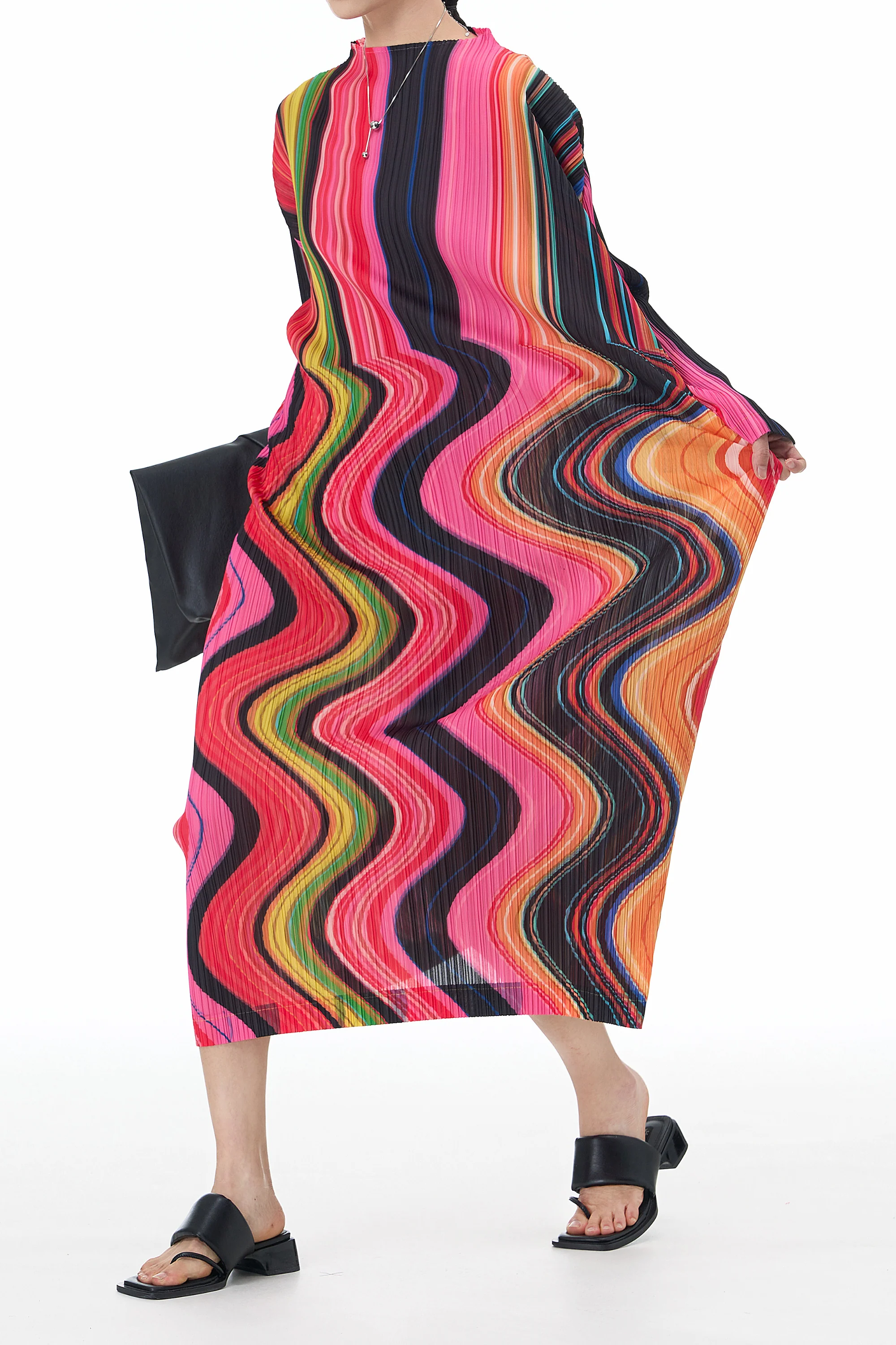 Rainbow Fluid Art Pleated Dress