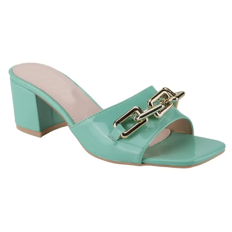Chunky Heel Slides – Square Toe Chain-Embellished Sandals