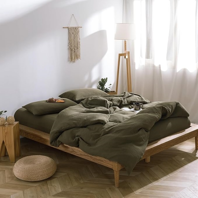 Olive Green Waffle Weave Duvet Cover Set