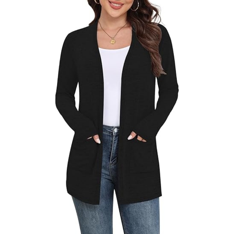 Women Lightweight Open Front Cardigan Long Sleeve Thumb‑Hole Cuffs Mid‑Length Casual Sweater Cardigan with Side Pockets S‑L