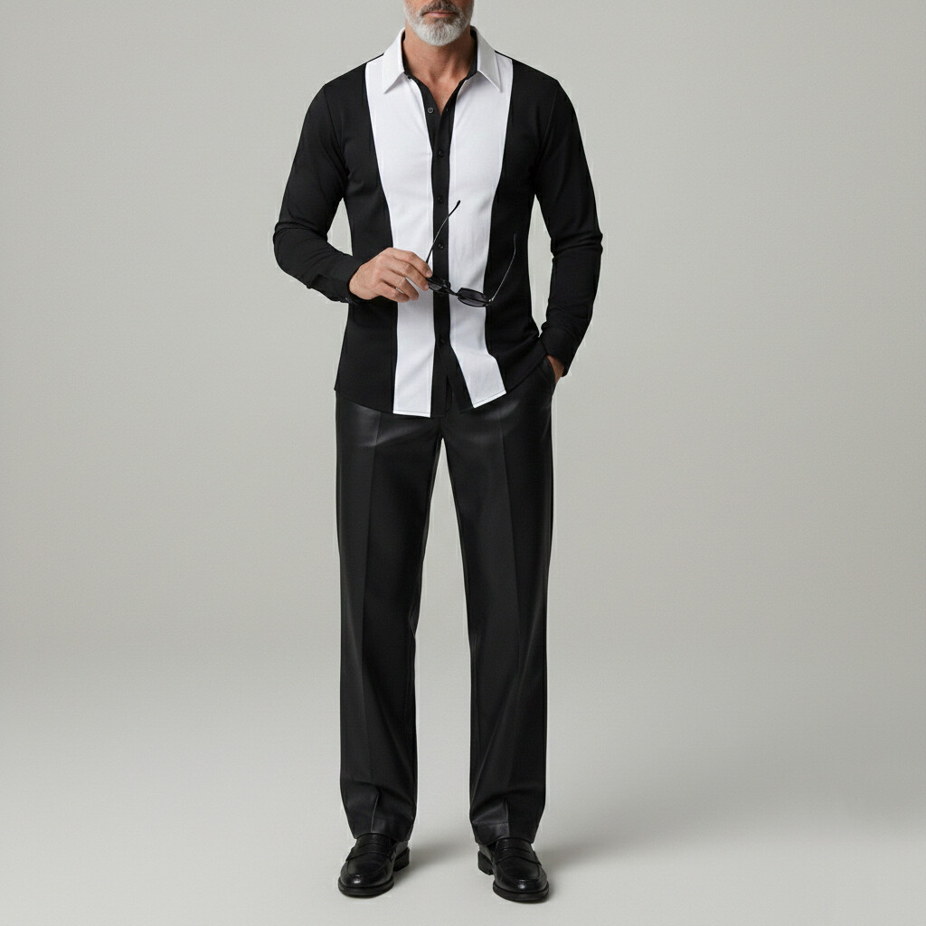 Men's Black White Contrast Shirt Collar Single Breasted Long Sleeve Shirts