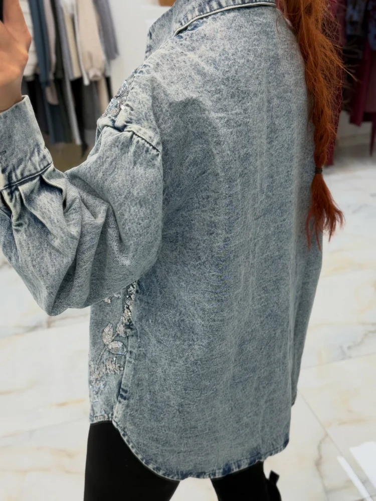 Women Vintage Washed Blue Denim Sequined Embroidered Jacket