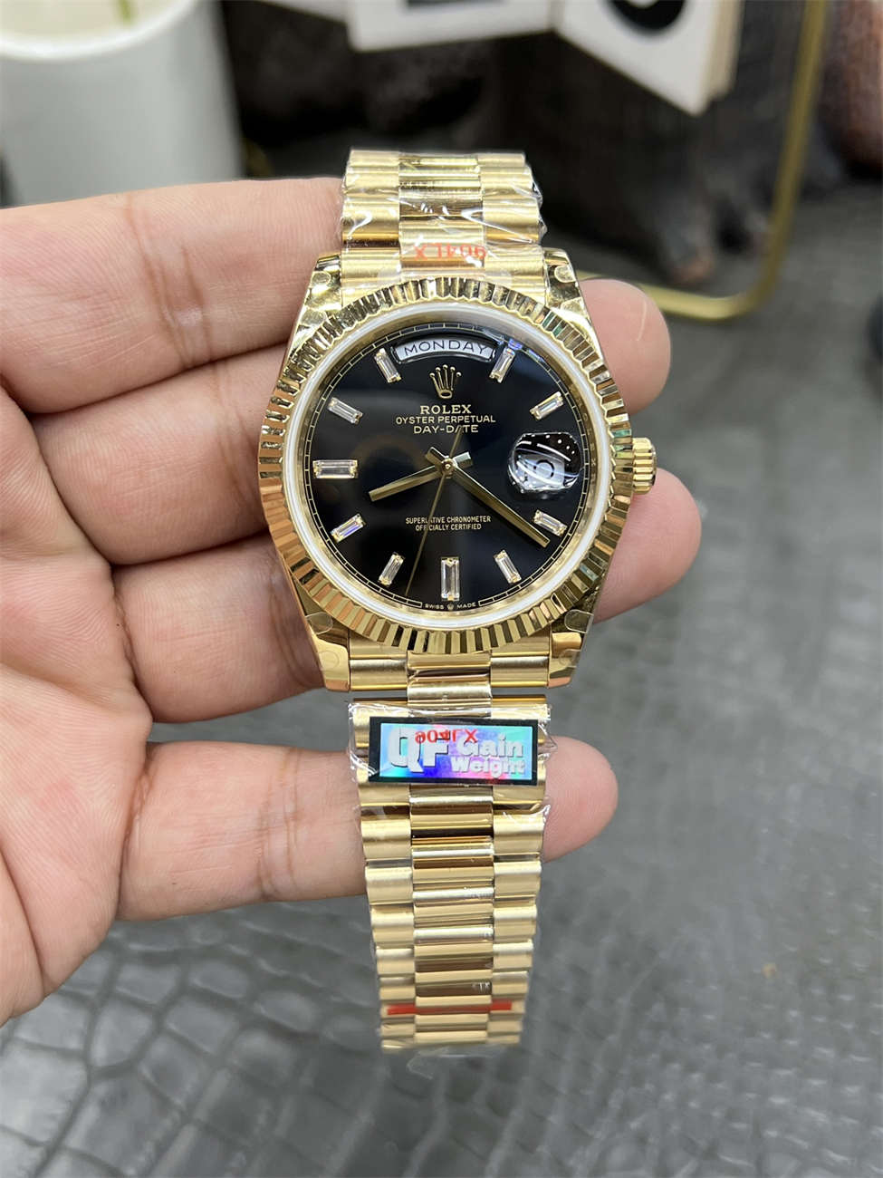 Rolex Day‐Date QF Factory 184g Replica – Black Dial, Full-Weight