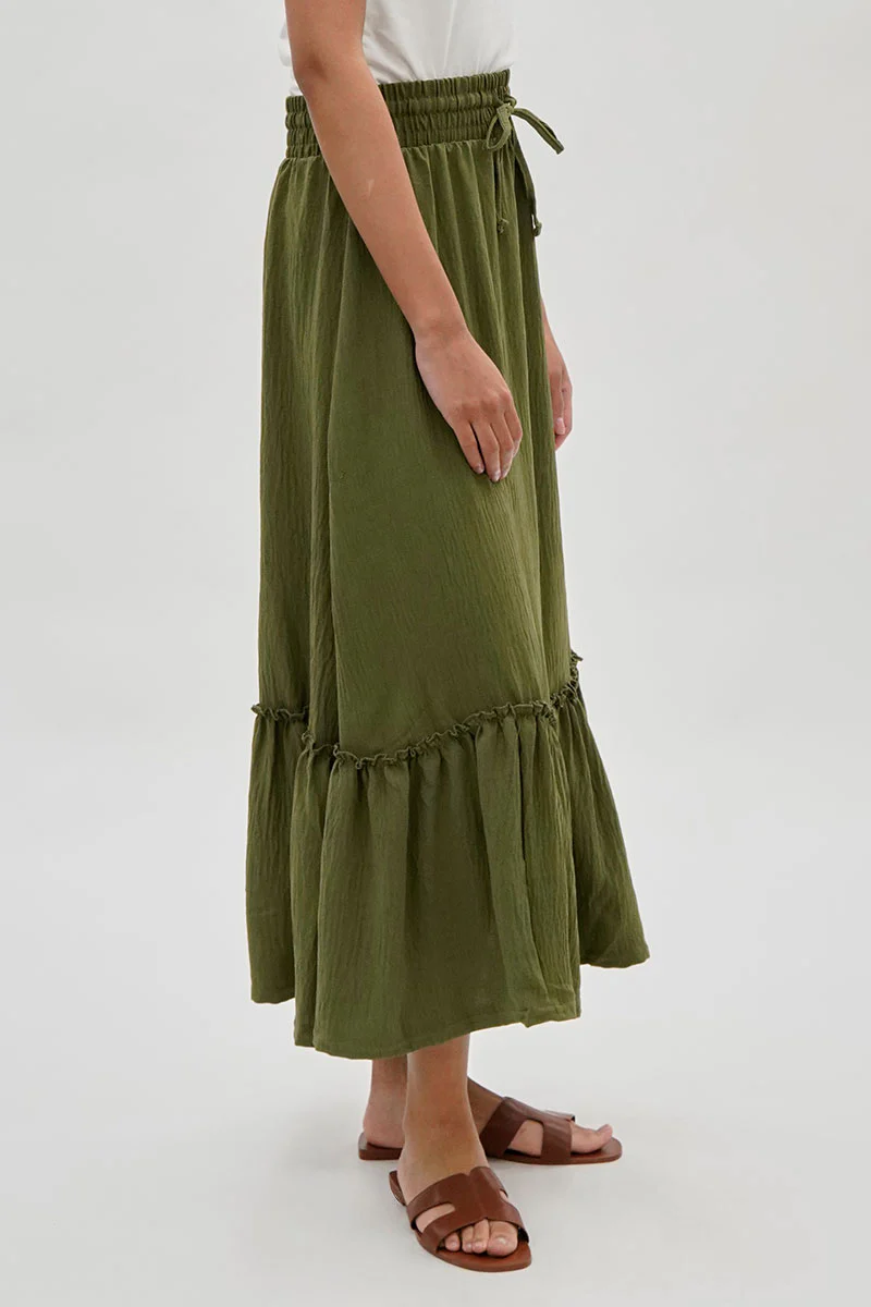 Vintage Tiered Cinched Skirt - Olive