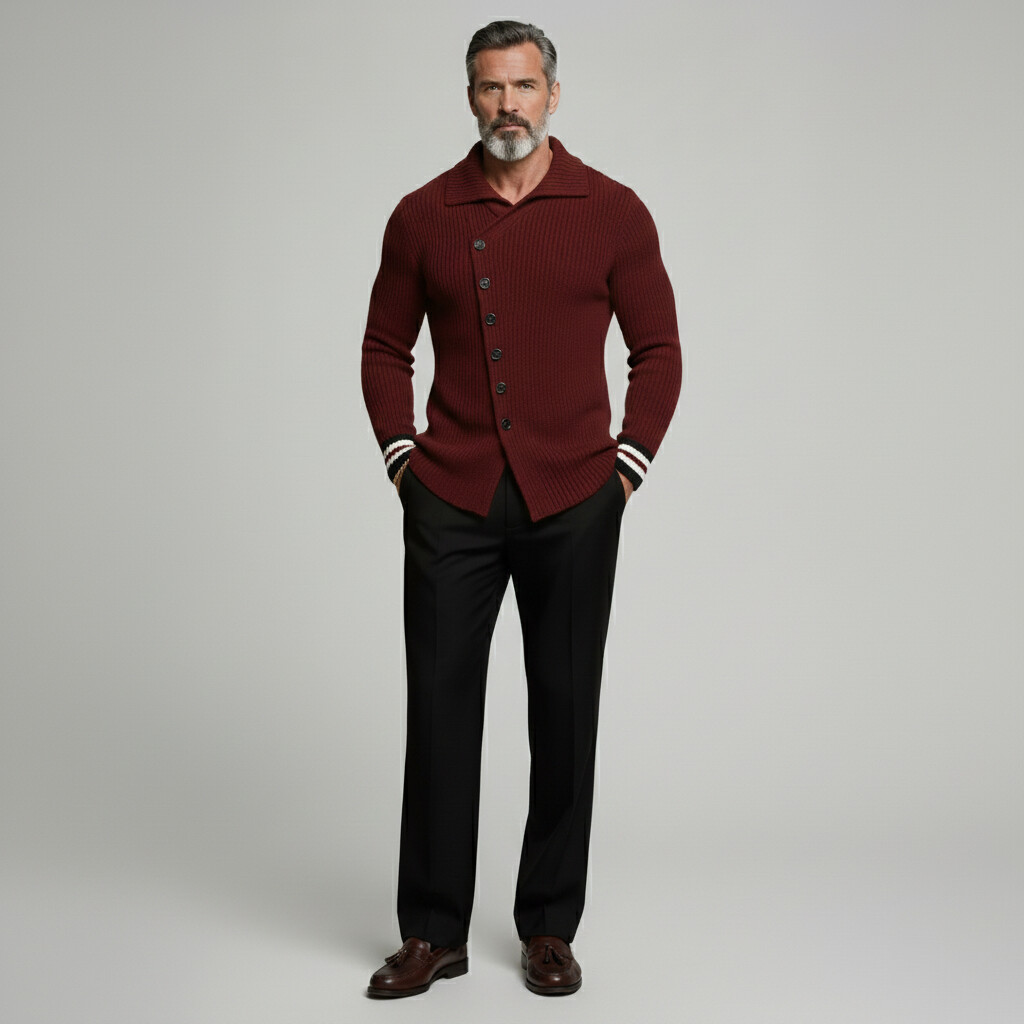 Men's Casual Burgundy Shirt Collar Asymmetric Button Contrast Cuffs Long Sleeve Knit Cardigans
