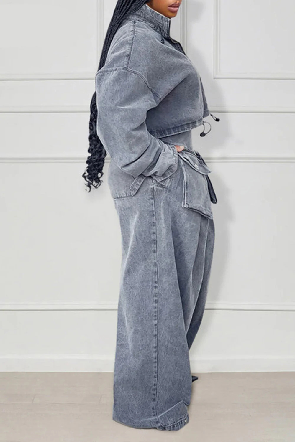 Denim Zip Long Sleeve Crop Jacket Pockets Wide Leg Pants Matching Set-Gray