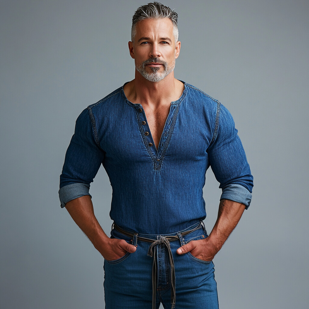 Men's Casual Denim Half Button Long Sleeve Henley Shirt