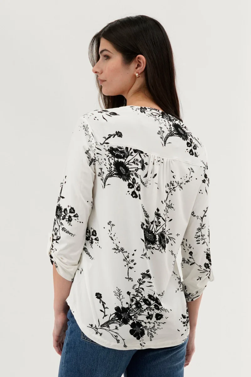 Floral Split Neck Blouse - White