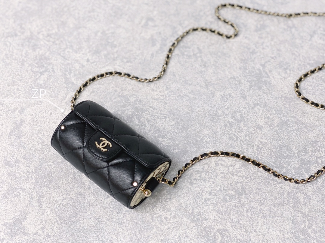 Chanel Quilted Barrel Clutch With Chain Gold Embossed Side Panels Black