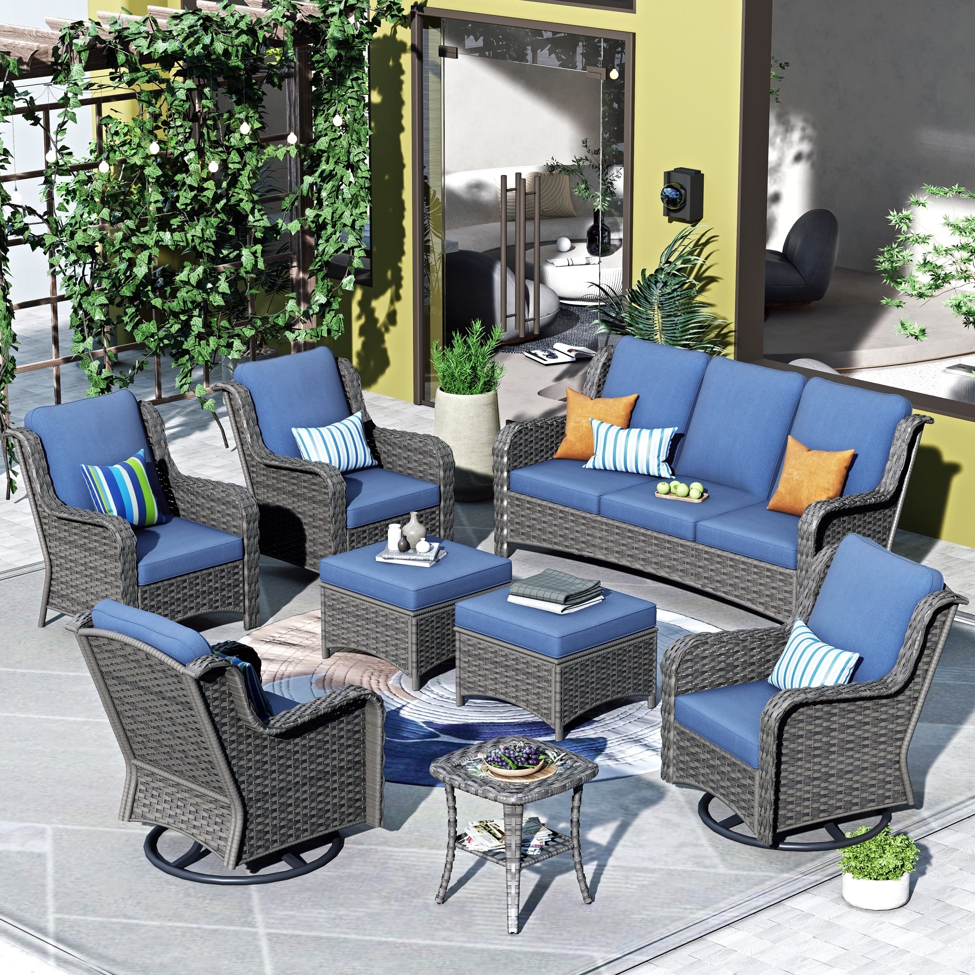 OVIOS 8-piece Patio Wicker Furniture Swivel Chair Set