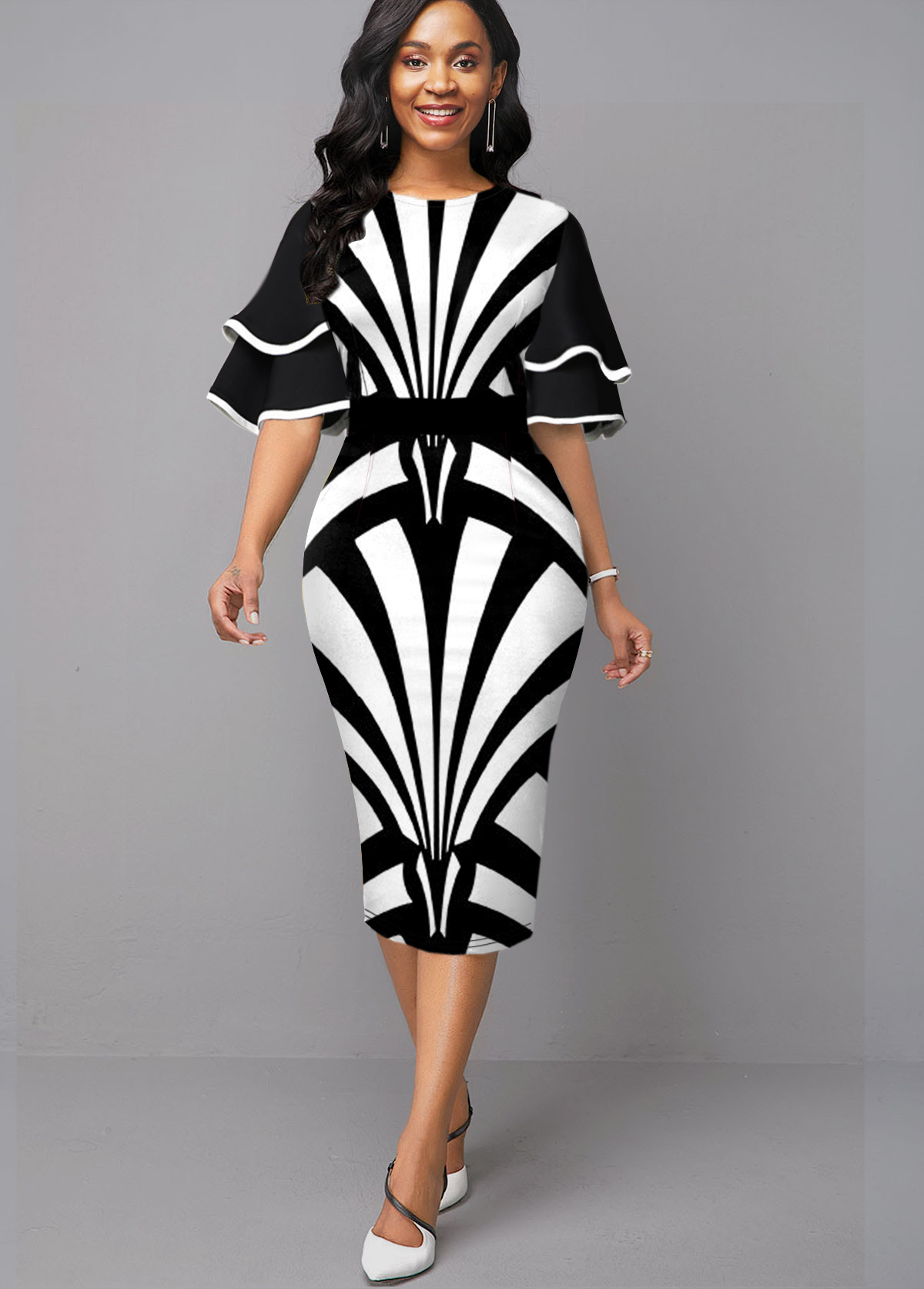 Ruffle Sleeve Stripe Print Contrast Sheath Dress