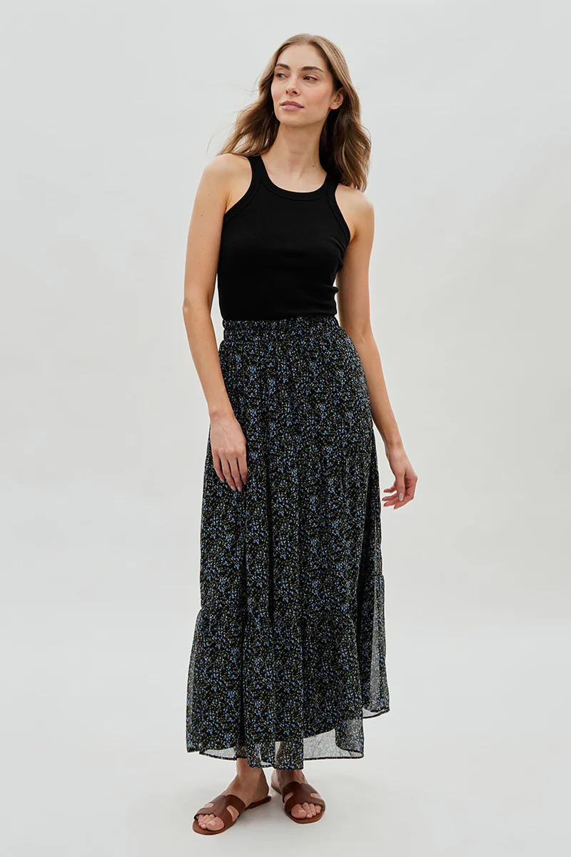 Floral Tiered Chiffon Maxi Skirt - Black