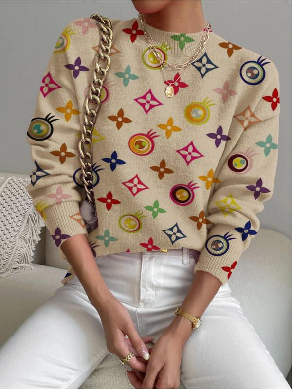 Women's Geometric Pattern Stand Collar Sweater, Fall Winter Casual Long Sleeve Knitwear, Comfortable Warm Daily Wear