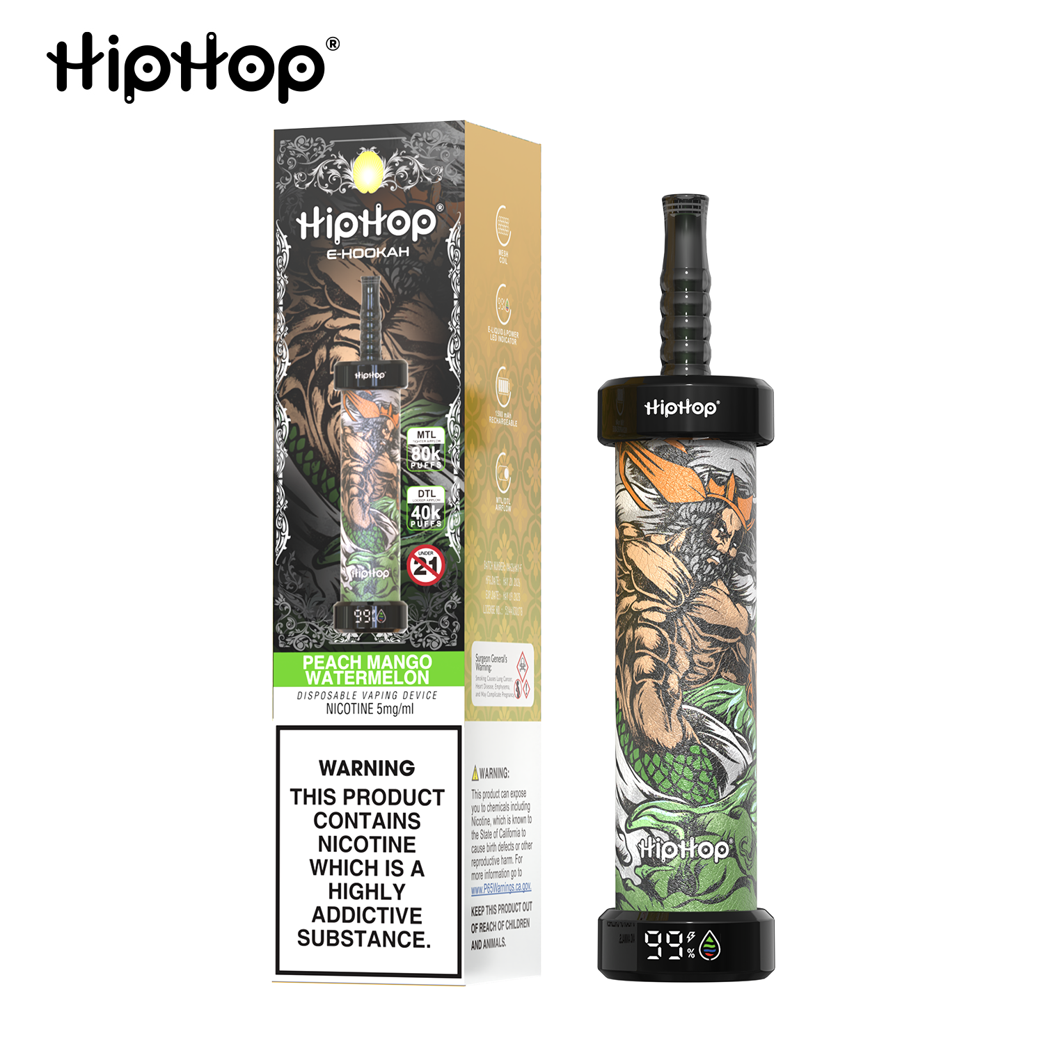 HIPHOP 80000 zaciągnięć, waporyzator szisza fabrycznie napełniony, ładowalny